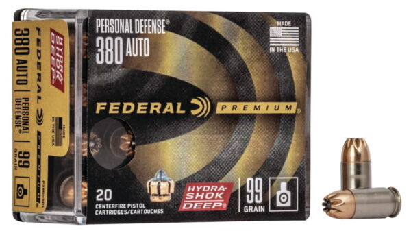 Federal Premium Centerfire Handgun Ammunition .380 ACP (380 Auto) 99 grain Hydra-Shok Deep Jacketed Hollow point Centerfire Pistol Ammunition 500 RDS