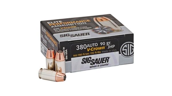 Sig Sauer Elite V-Crown .380 ACP 90 grain Jacketed Hollow Point Brass Cased Centerfire Pistol Ammunition 500 RDS