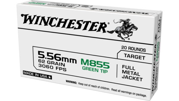 Winchester USA 5.56x45mm NATO 62 grain Green Tip (M855) Full Metal Jacket Boat Tail (FMJBT) Brass Centerfire Rifle Ammunition 500RDS