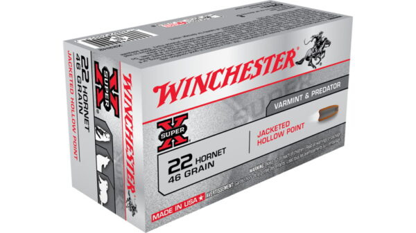 Winchester SUPER-X RIFLE .22 Hornet 46 grain Jacketed Hollow Point Centerfire Rifle Ammunition X22H2 Caliber: .22 Hornet, Number of Rounds: 500