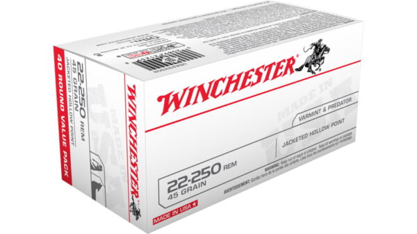 Winchester USA RIFLE .22-250 Remington 45 grain Jacketed Hollow Point Brass Cased 500 rounds